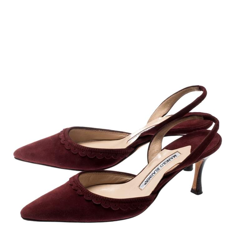 Pre Owned Manolo Blahnik Deep Wine Suede Pointed Toe Scallop Trim Slingback Sandals Size 37