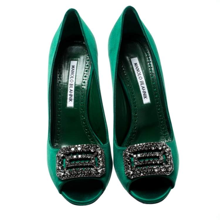 Pre Owned Manolo Blahnik Green Satin Crystal Embellished Peep Toe Pumps Size 38.5