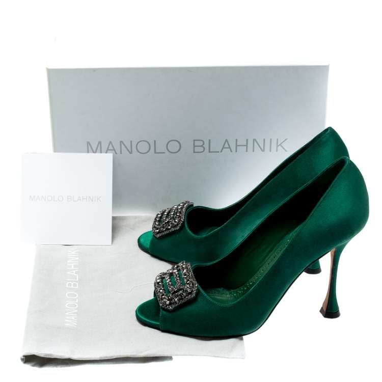 Pre Owned Manolo Blahnik Green Satin Crystal Embellished Peep Toe Pumps Size 38.5