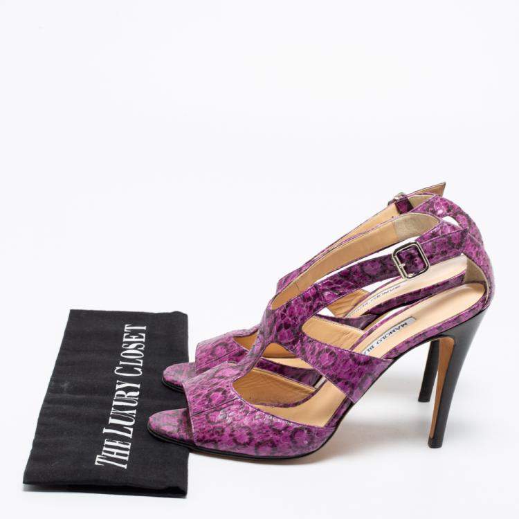 Pre Owned  Manolo Blahnik Purple And Black Snakeskin Peep Toe Ankle Strap Sandals Size 38.5