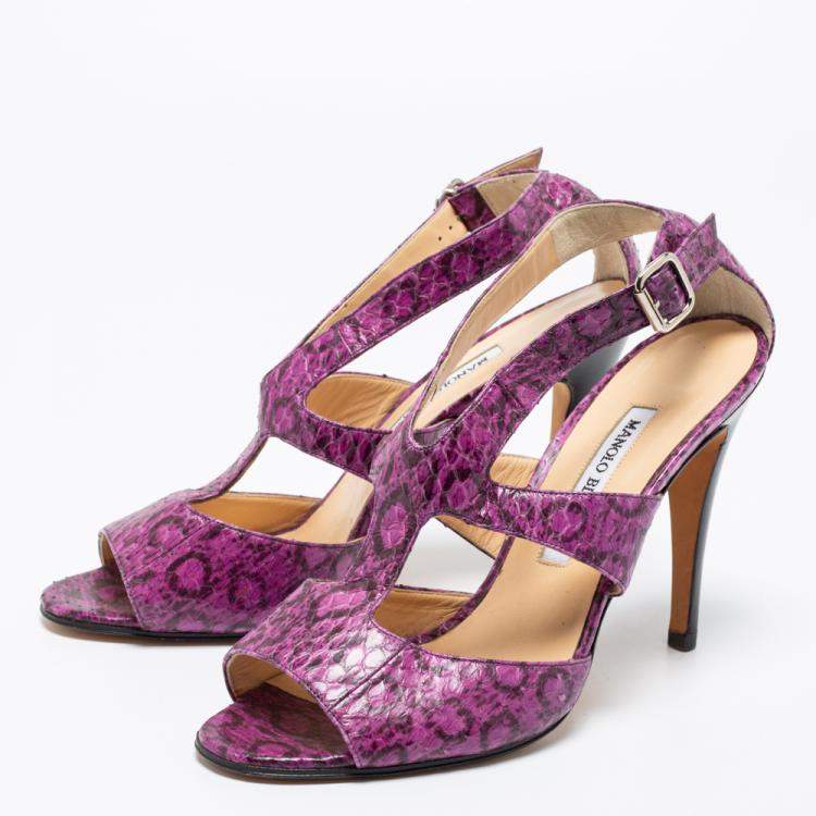 Pre Owned  Manolo Blahnik Purple And Black Snakeskin Peep Toe Ankle Strap Sandals Size 38.5