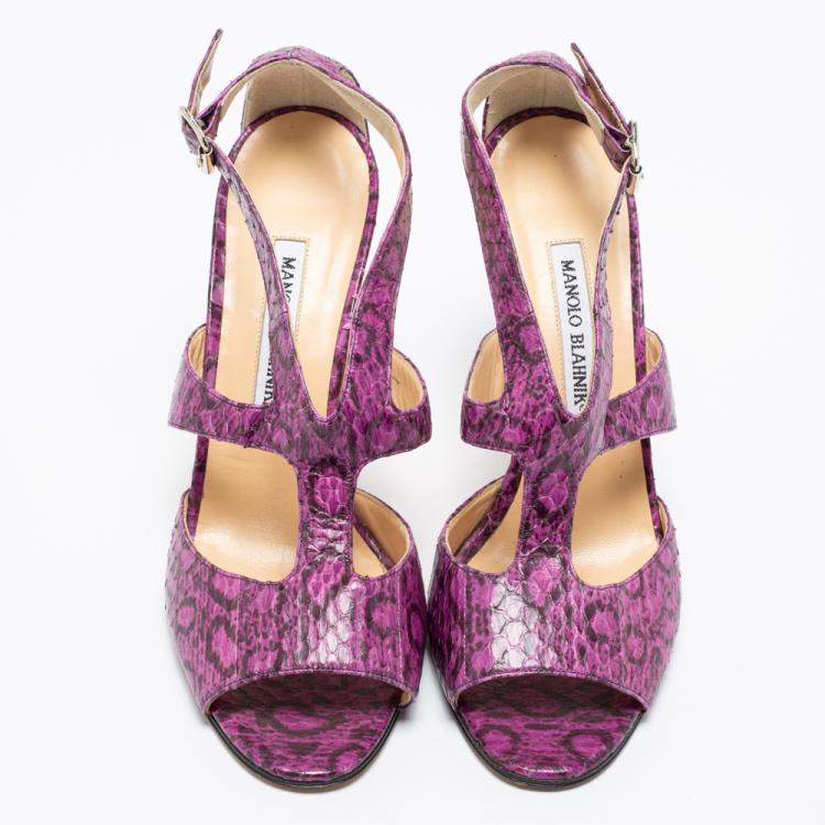 Pre Owned  Manolo Blahnik Purple And Black Snakeskin Peep Toe Ankle Strap Sandals Size 38.5