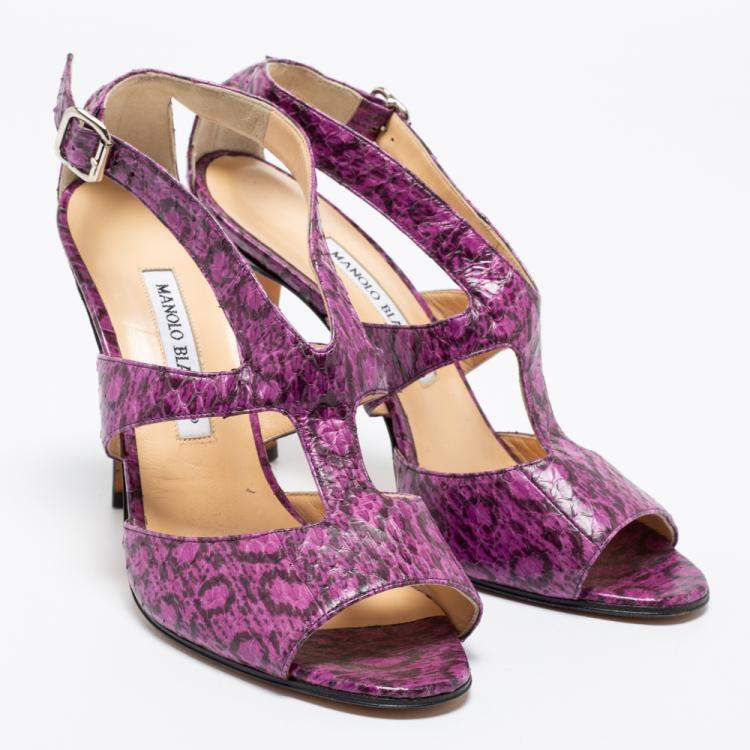 Pre Owned  Manolo Blahnik Purple And Black Snakeskin Peep Toe Ankle Strap Sandals Size 38.5