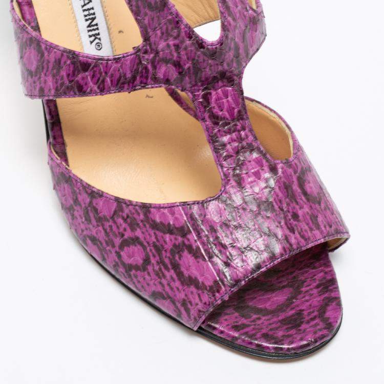 Pre Owned  Manolo Blahnik Purple And Black Snakeskin Peep Toe Ankle Strap Sandals Size 38.5