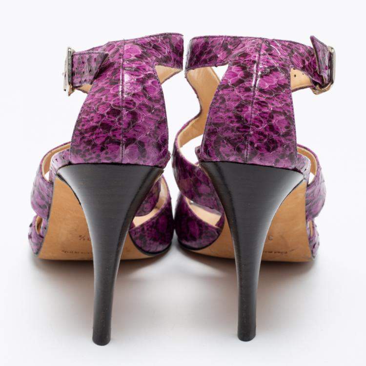 Pre Owned  Manolo Blahnik Purple And Black Snakeskin Peep Toe Ankle Strap Sandals Size 38.5