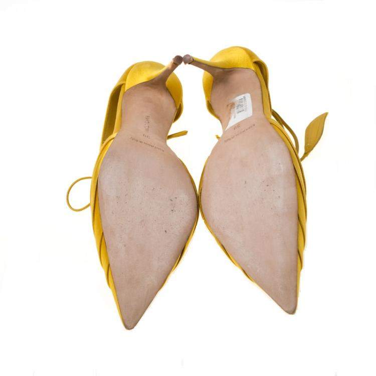 Pre Owned Manolo Blahnik Yellow Pleated Satin Reya Pointed Toe Ankle Tie Pumps Size 38