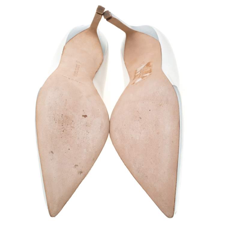 Pre Owned Manolo Blahnik Metallic Silver And White Leather BB Pointed Toe Pumps Size 39