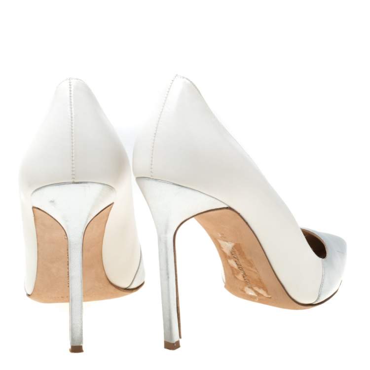 Pre Owned Manolo Blahnik Metallic Silver And White Leather BB Pointed Toe Pumps Size 39