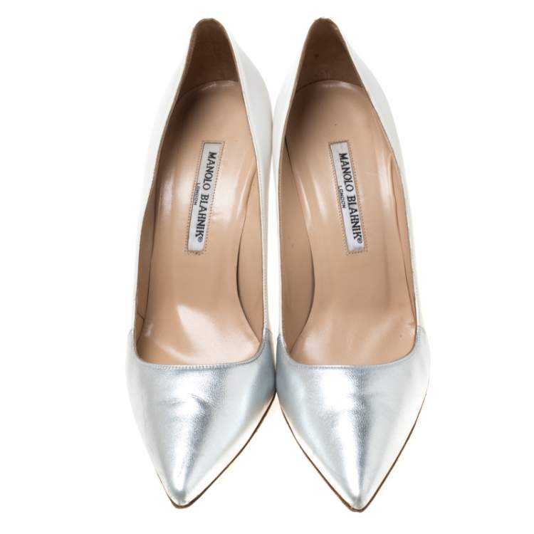 Pre Owned Manolo Blahnik Metallic Silver And White Leather BB Pointed Toe Pumps Size 39