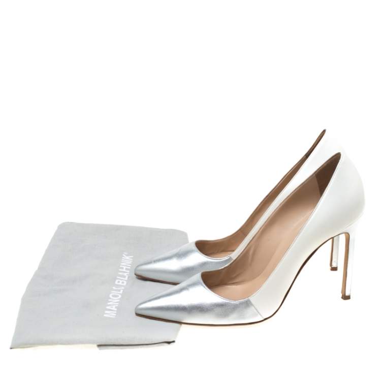 Pre Owned Manolo Blahnik Metallic Silver And White Leather BB Pointed Toe Pumps Size 39