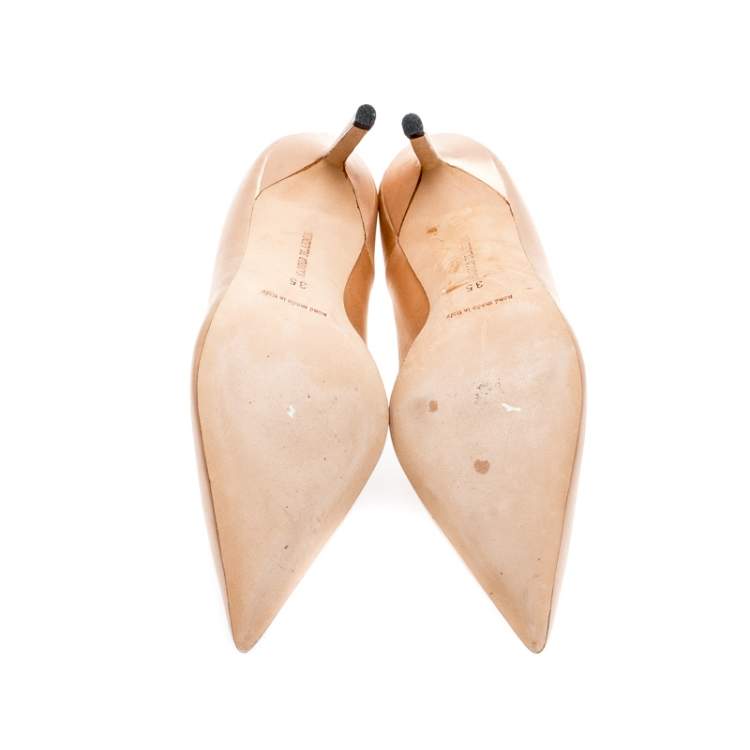 Pre Owned Manolo Blahnik Beige Fokionas Satin Pointed Toe Pumps Size 35