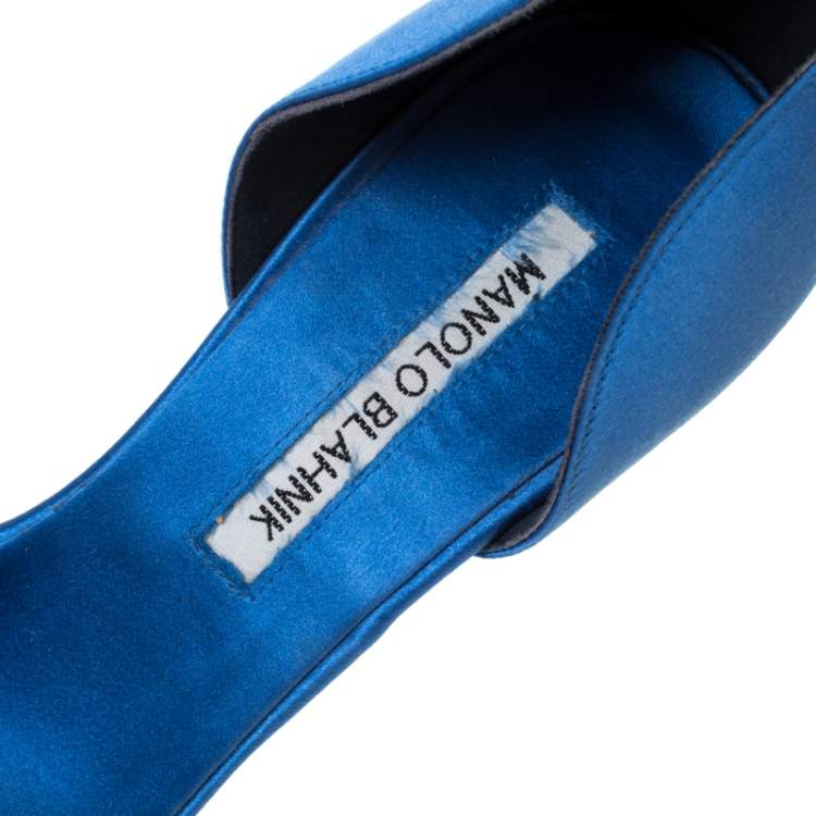 Pre Owned Manolo Blahnik Blue Satin Alicia Embellished Peep Toe Sandals Size 37