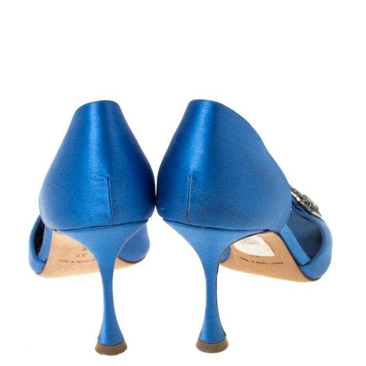 Pre Owned Manolo Blahnik Blue Satin Alicia Embellished Peep Toe Sandals Size 37