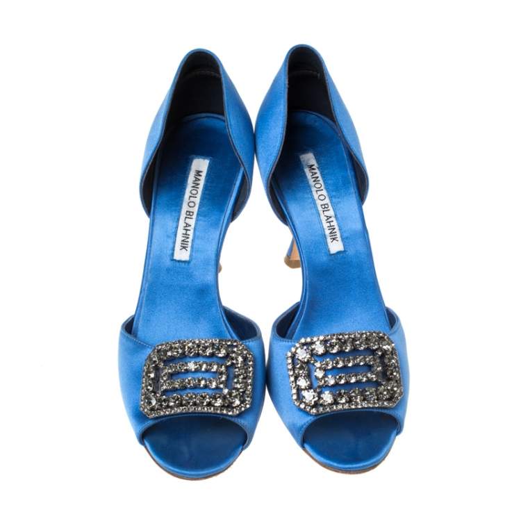 Pre Owned Manolo Blahnik Blue Satin Alicia Embellished Peep Toe Sandals Size 37