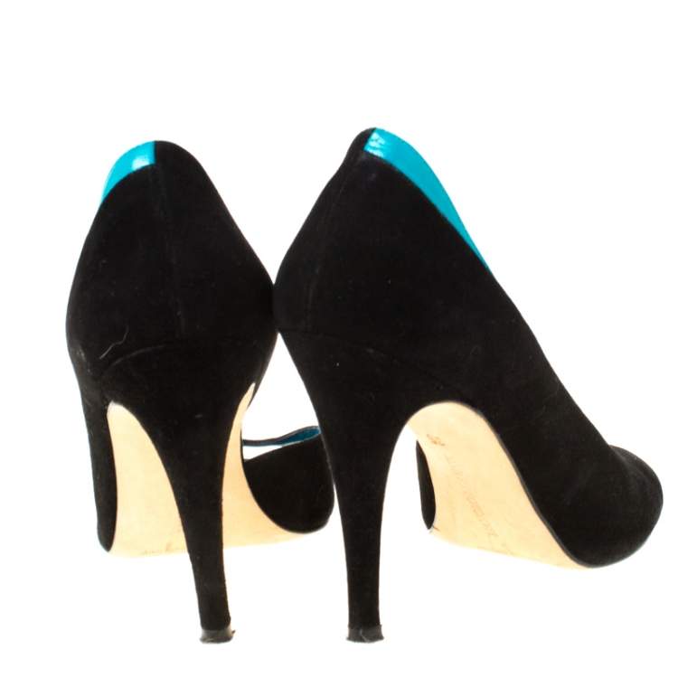 Pre Owned Monolo Blahnik Black/Turquoise  Suede D' Orsay Peep Toe Pumps Size 35