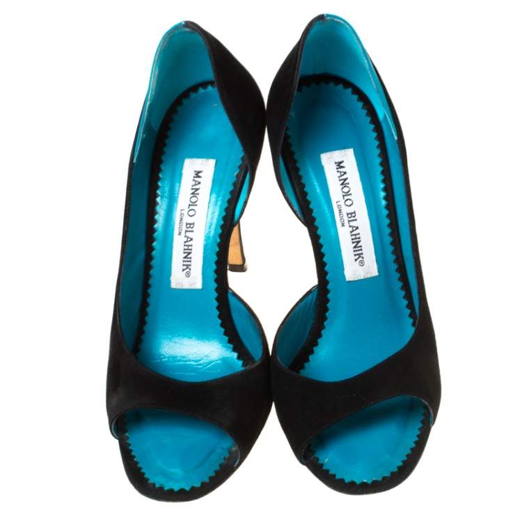 Pre Owned Monolo Blahnik Black/Turquoise  Suede D' Orsay Peep Toe Pumps Size 35
