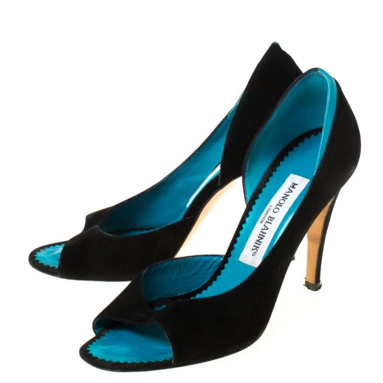 Pre Owned Monolo Blahnik Black/Turquoise  Suede D' Orsay Peep Toe Pumps Size 35