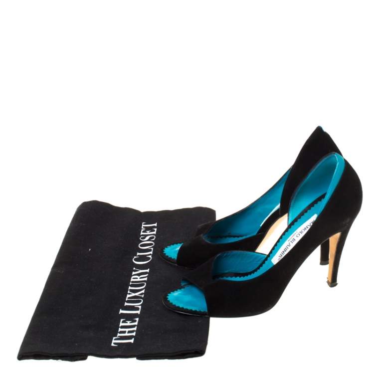 Pre Owned Monolo Blahnik Black/Turquoise  Suede D' Orsay Peep Toe Pumps Size 35