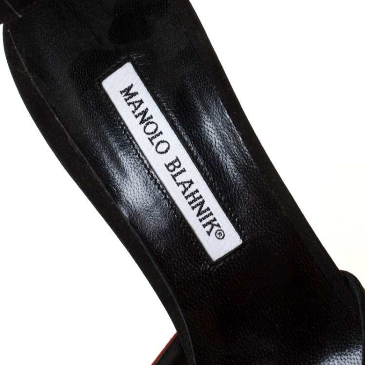 Pre Owned Manolo Blahnik Red/Black Satin Kobra Pointed Toe Ankle Strap Pumps Size 40.5