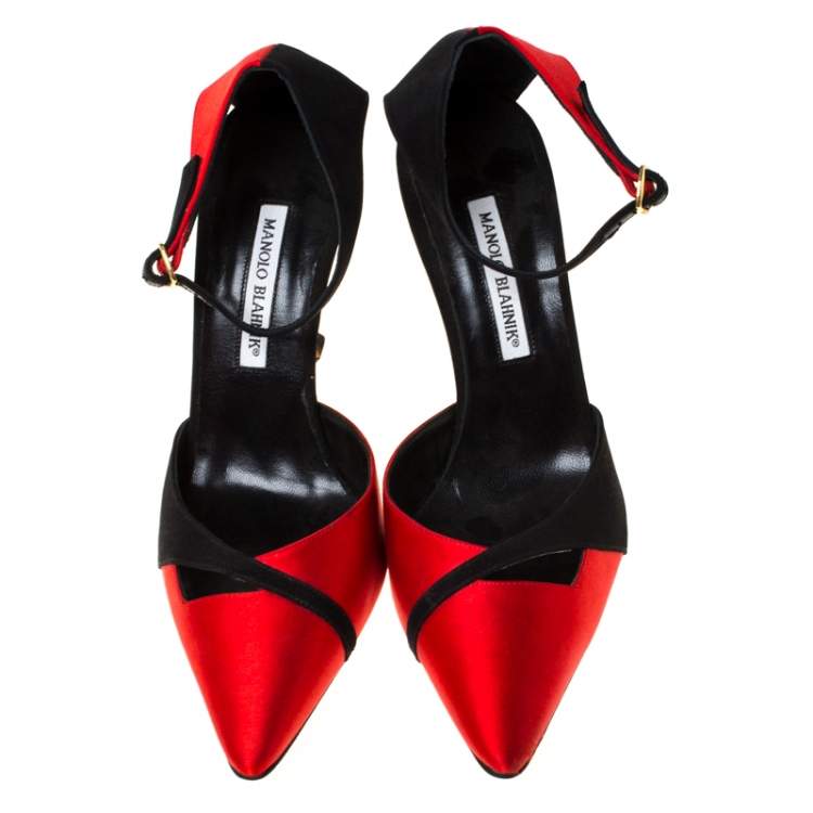 Pre Owned Manolo Blahnik Red/Black Satin Kobra Pointed Toe Ankle Strap Pumps Size 40.5