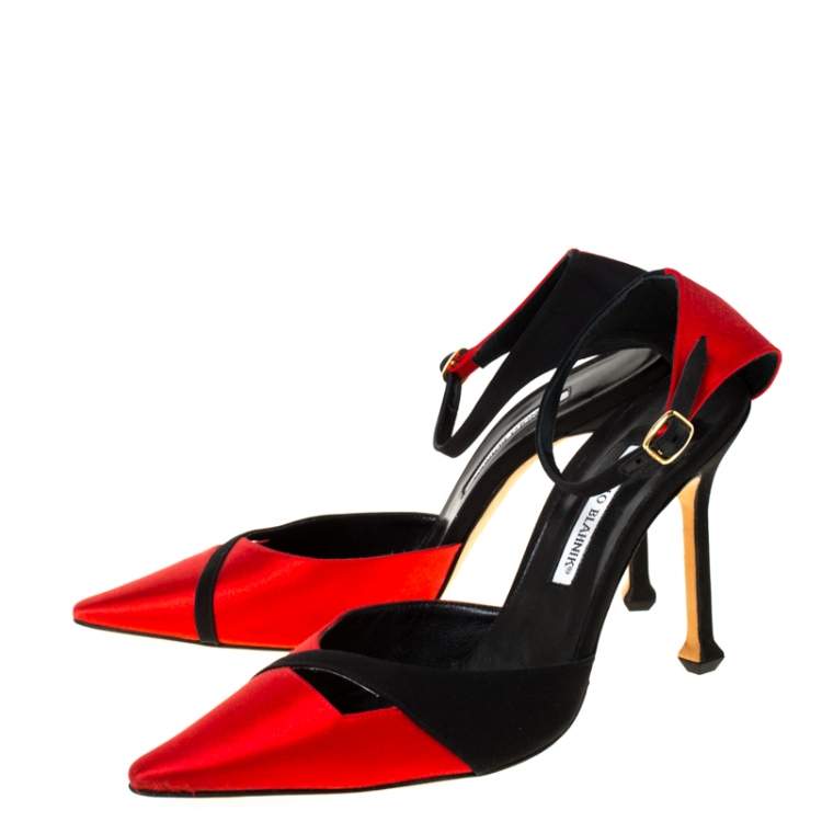Pre Owned Manolo Blahnik Red/Black Satin Kobra Pointed Toe Ankle Strap Pumps Size 40.5
