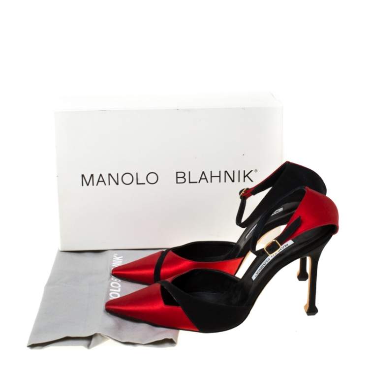 Pre Owned Manolo Blahnik Red/Black Satin Kobra Pointed Toe Ankle Strap Pumps Size 40.5