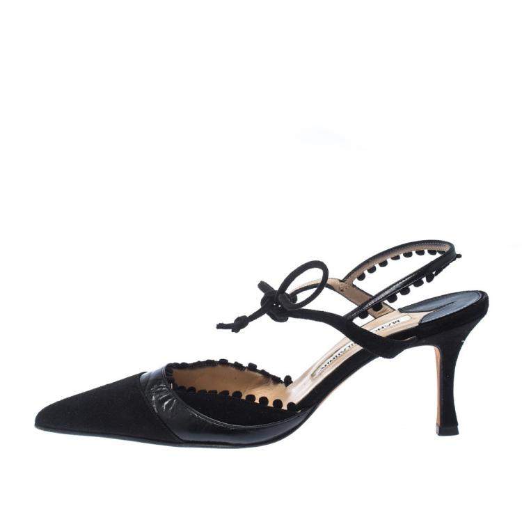 Pre Owned Manolo Blahnik Black Suede Pointed Toe Tie Ankle Sandals Size 36.5