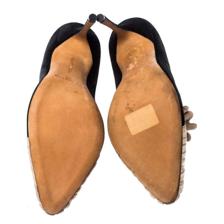 Pre Owned Manolo Blahnik Black and Beige Suede Arleti Frill Detail Pumps Size 36