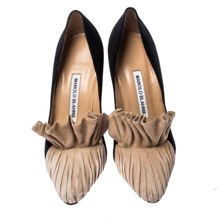 Pre Owned Manolo Blahnik Black and Beige Suede Arleti Frill Detail Pumps Size 36