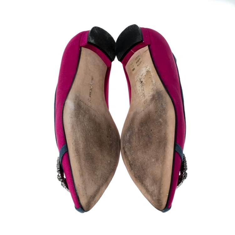 Pre Owned Manolo Blahnik Pink Satin Gotrian Crystal Embellished Pointed Toe Flats Size 39