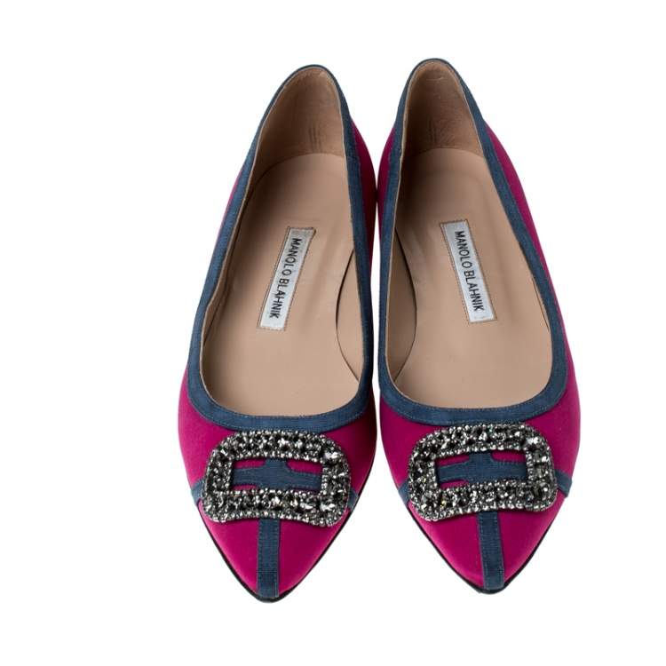 Pre Owned Manolo Blahnik Pink Satin Gotrian Crystal Embellished Pointed Toe Flats Size 39