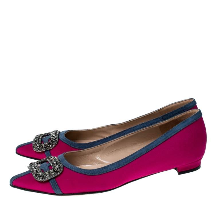 Pre Owned Manolo Blahnik Pink Satin Gotrian Crystal Embellished Pointed Toe Flats Size 39