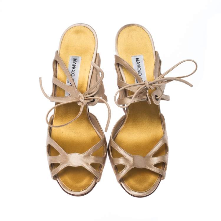 Pre Owned Manolo Blahnik Beige Laser Cut Satin Open Toe Ankle Wrap Sandals Size 36.5