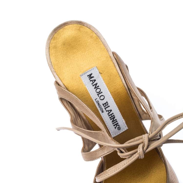 Pre Owned Manolo Blahnik Beige Laser Cut Satin Open Toe Ankle Wrap Sandals Size 36.5