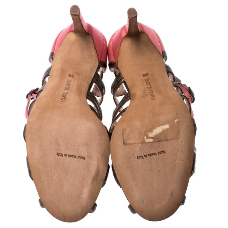Pre Owned Manolo Blahnik Satin And Leather Cut Out Strappy Sandals Size 36