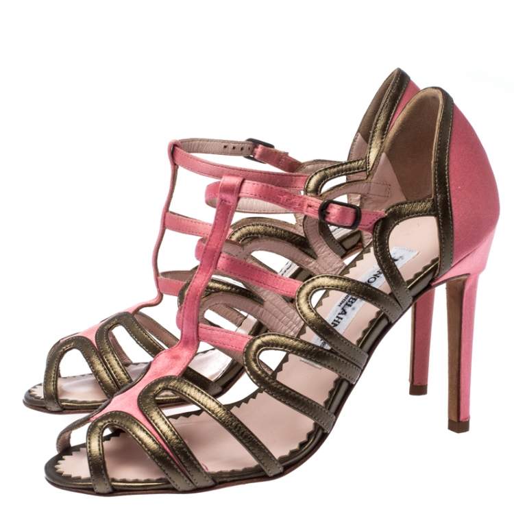 Pre Owned Manolo Blahnik Satin And Leather Cut Out Strappy Sandals Size 36