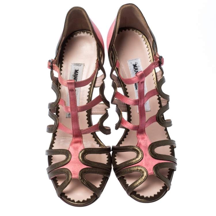Pre Owned Manolo Blahnik Satin And Leather Cut Out Strappy Sandals Size 36
