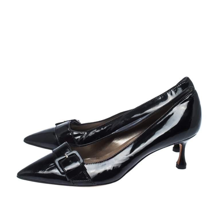 Pre Owned Manolo Blahnik Black Patent Leather Buckle Pointed Toe Pumps Size 38