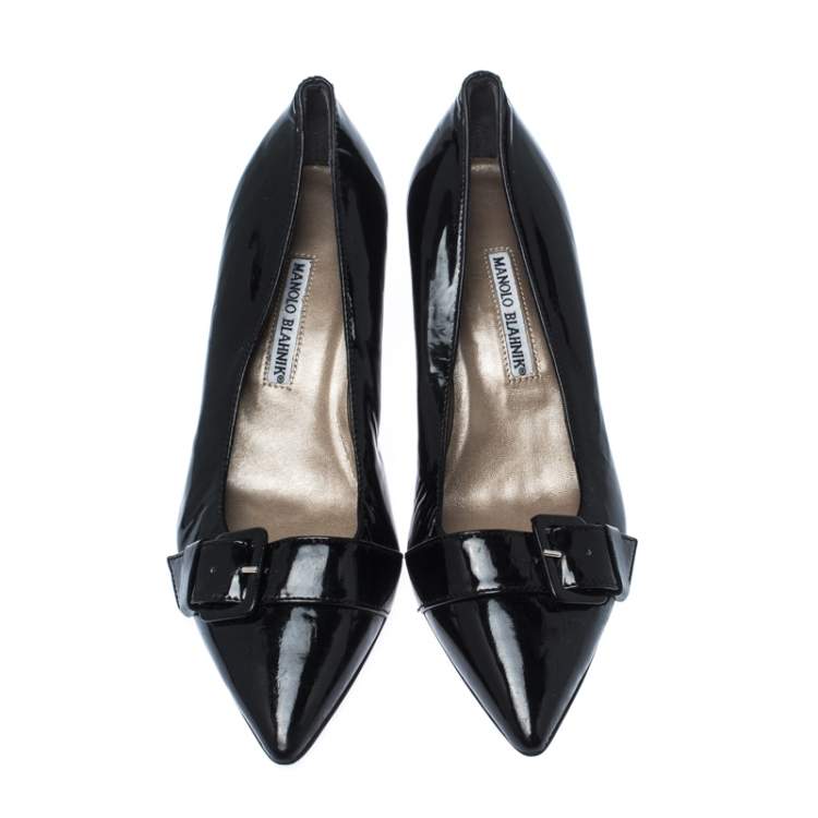 Pre Owned Manolo Blahnik Black Patent Leather Buckle Pointed Toe Pumps Size 38