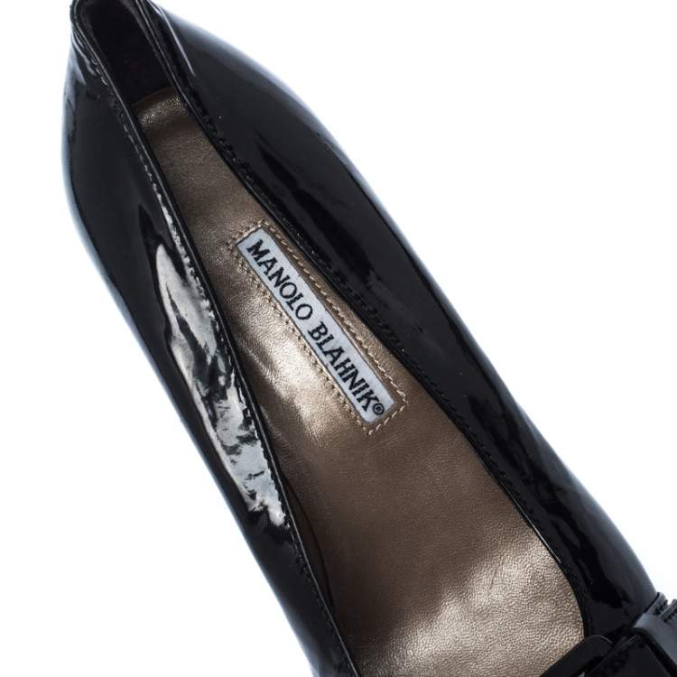 Pre Owned Manolo Blahnik Black Patent Leather Buckle Pointed Toe Pumps Size 38