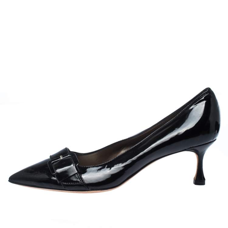 Pre Owned Manolo Blahnik Black Patent Leather Buckle Pointed Toe Pumps Size 38