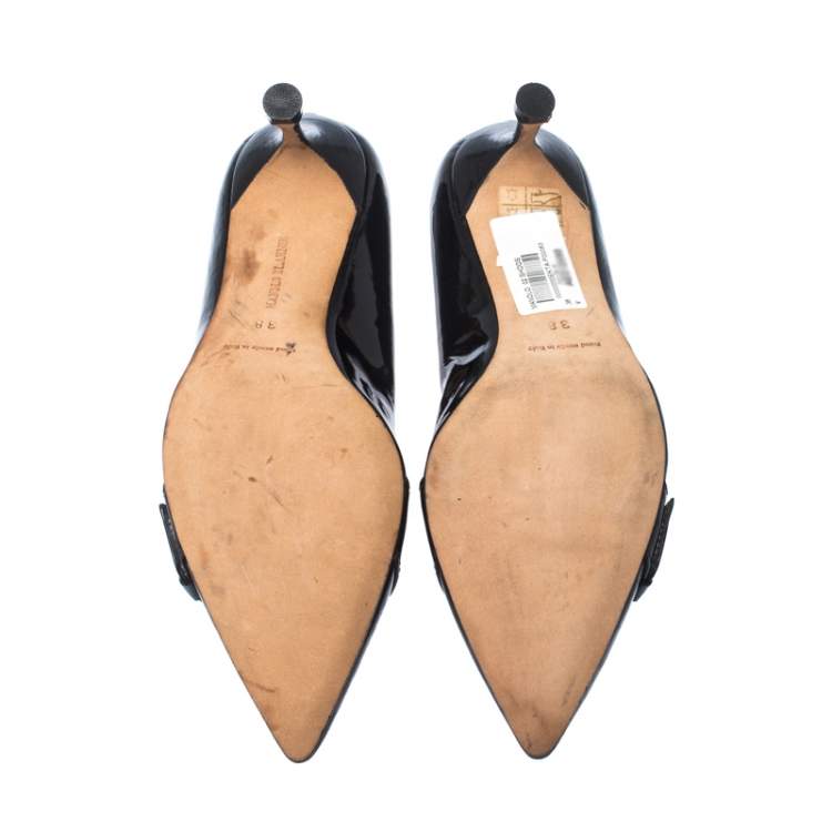 Pre Owned Manolo Blahnik Black Patent Leather Buckle Pointed Toe Pumps Size 38