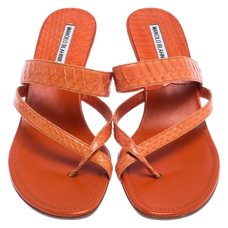 Pre Owned Manolo Blahnik Orange Python Susa Thong Kitten Heel Sandals Size 40