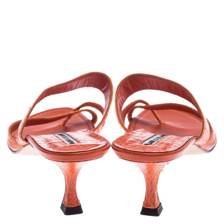 Pre Owned Manolo Blahnik Orange Python Susa Thong Kitten Heel Sandals Size 40