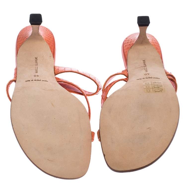 Pre Owned Manolo Blahnik Orange Python Susa Thong Kitten Heel Sandals Size 40