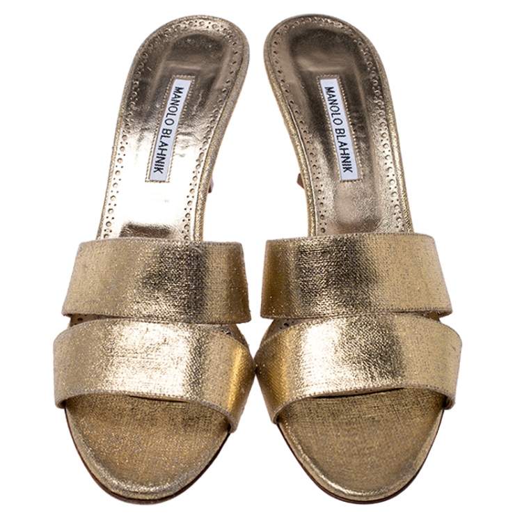 Pre Owned Manolo Blahnik Metallic Gold Leather Open Sandals Size 42