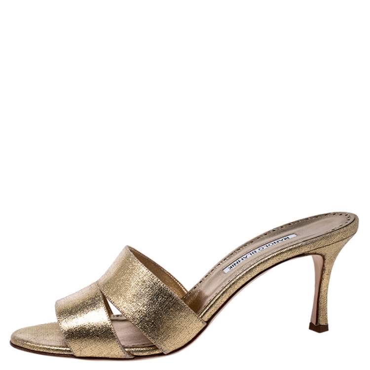Pre Owned Manolo Blahnik Metallic Gold Leather Open Sandals Size 42