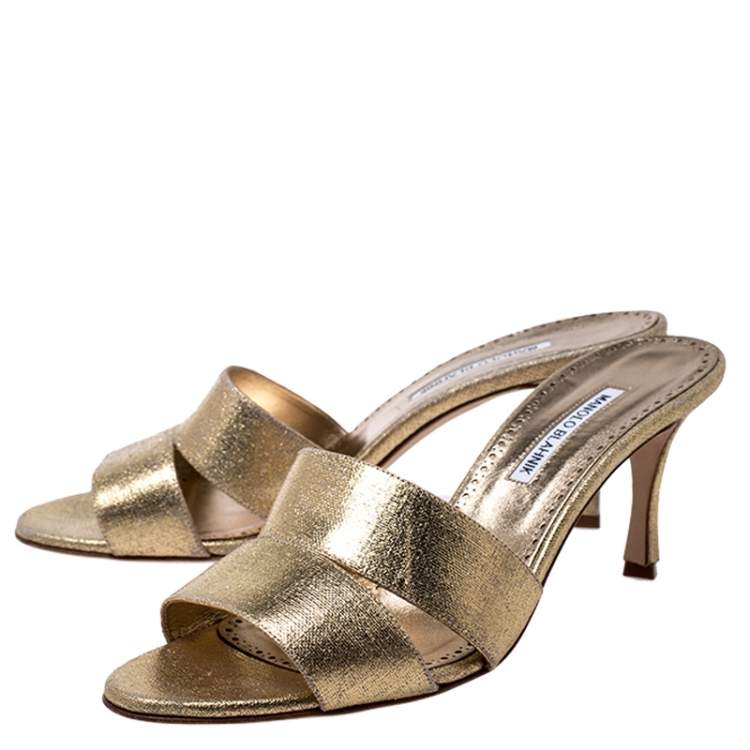 Pre Owned Manolo Blahnik Metallic Gold Leather Open Sandals Size 42