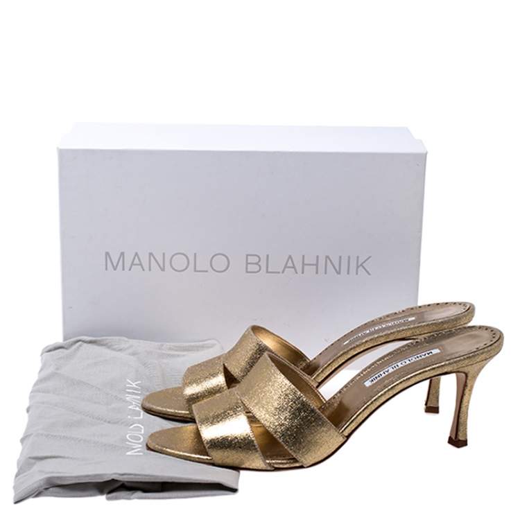 Pre Owned Manolo Blahnik Metallic Gold Leather Open Sandals Size 42