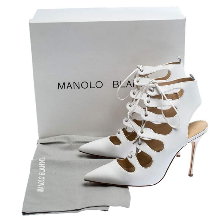 Pre Owned Manolo Blahnik White Leather Latta Cut Out Lace Up Pointed Toe Sandals Size 39